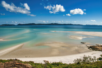 Aerial view of Whitehaven Beach and Hill Inlet estuary. Tropical beach paradise background of turquoise blue water and Coral Sea beach - Australia