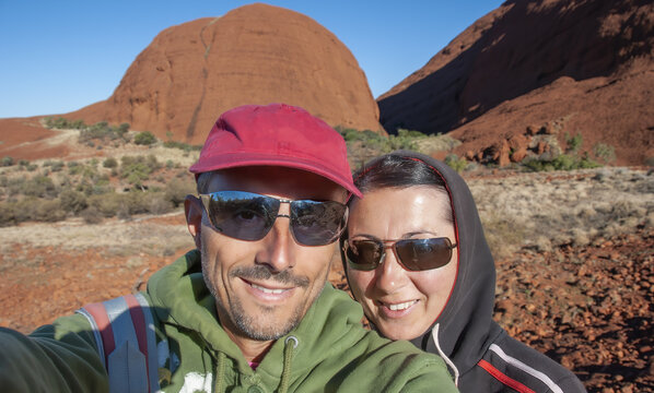 Selfie Of A Happy Caucasian Couple On Vacation Relaxing During A Bushwalk Across Australian Outback