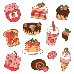 Cute doodle set with strawberry desserts and drinks isolated on white background. 
