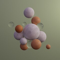 3d render illustration, abstract plaster, glass and wooden spheres, geometric background, pastel balls, minimalistic design