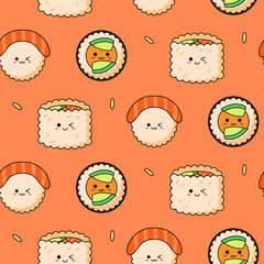 Seamless pattern with various kawaii sushi on orange background.