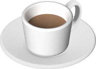 Coffee in white cup and coaster. 3D PNG.