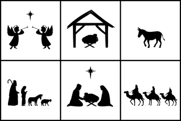 Nativity christian christmas holiday set in silhouettes. Jesus in manger, Mary, Joseph, angels, wisemen, shepherds and Bethlehem star. Vector illustration