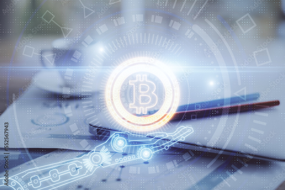 Poster Double exposure of blockchain and crypto economy theme hologram and table with computer background. Concept of bitcoin cryptocurrency.