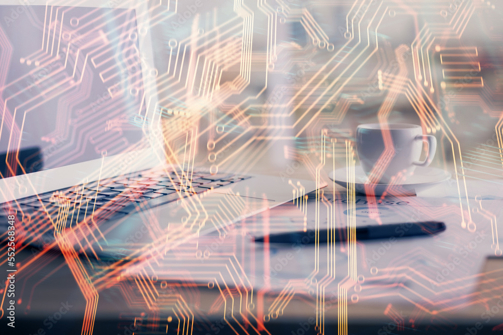 Aufkleber computer on desktop in office with technology theme hologram. double exposure. tech concept.