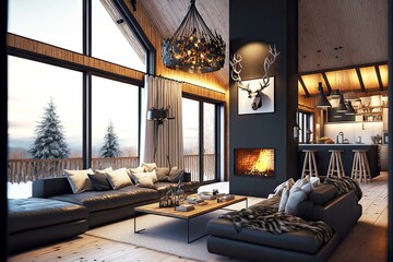 chalet interior of spacious living room with hanging lights, burning fireplaces and black sofa:chalet_new , made with generative ai - obrazy, fototapety, plakaty