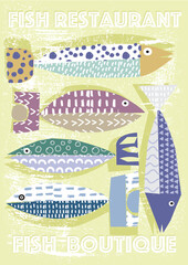 Fish. Decorative forms, collage, textures. Restaurant business. Fish boutique, fish restaurant, menu