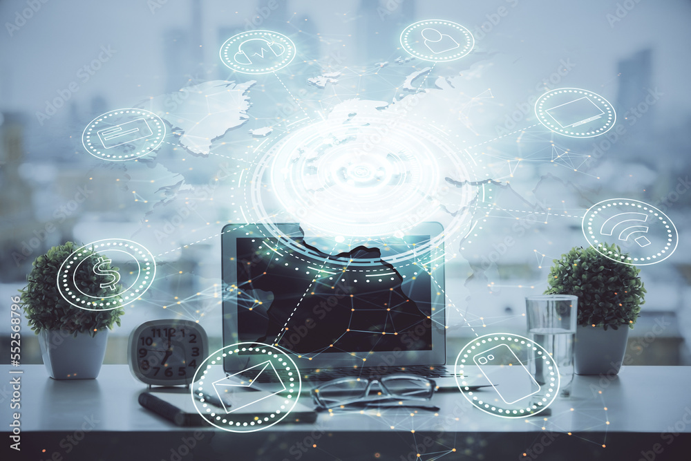 Aufkleber computer on desktop with social network hologram. double exposure. concept of international people c