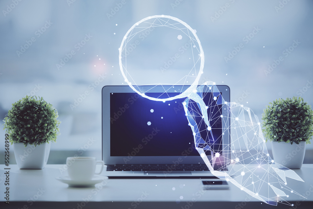 Poster Desktop computer background in office and start up theme hologram drawing. Double exposure. Startup concept.