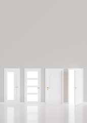 Modern white doors in empty room. Copy space for text, advertising. Production and trade of interior doors. Stylish internal door. Manufacture and sale. Vertical layout. 3D rendering.