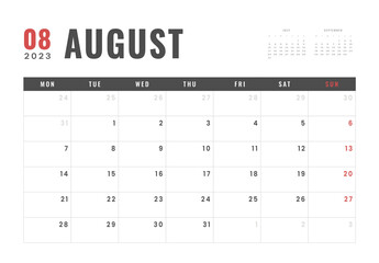 Monthly Calendar Template of august 2023. Vector simple gray grid layout for wall or desk calendar with week start on Monday for print