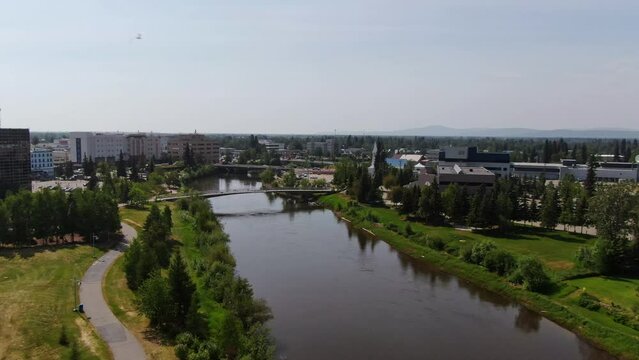 Aerial View Of Chena River Flowing Through Downtown Fairbanks In Alaska, USA In Early Autumn.