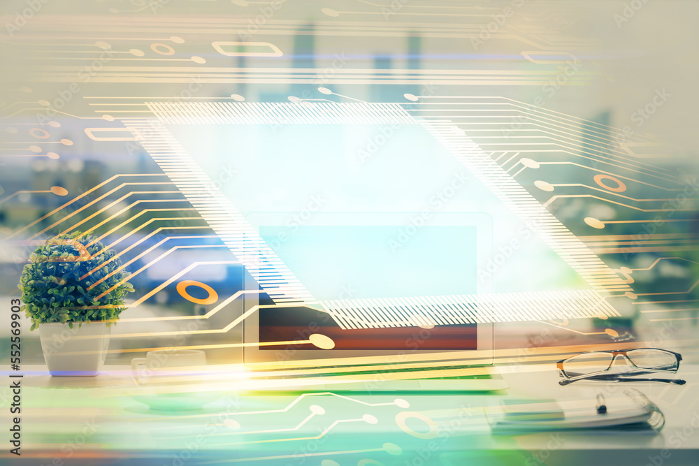 Poster Multi exposure of table with computer on background and data theme drawing. Concept of innovation.