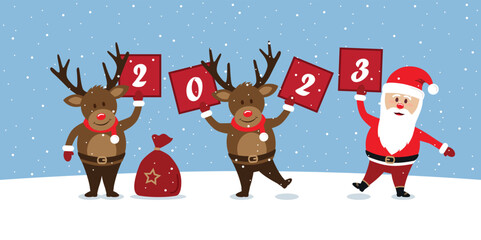 new year 2023 greeting card with cute christmas deer and santa