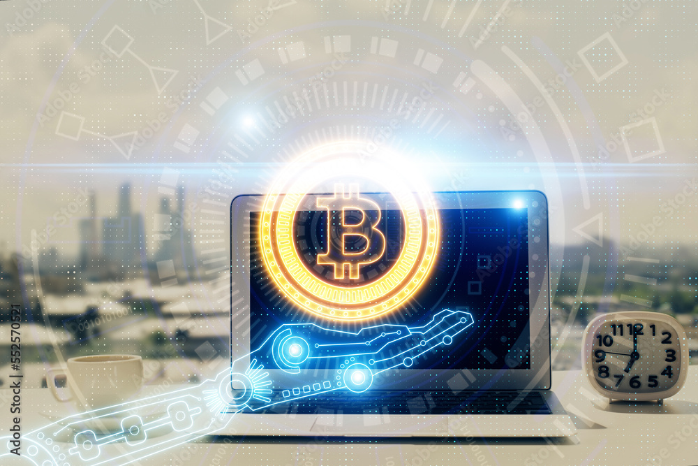 Poster Double exposure of blockchain and crypto economy theme hologram and table with computer background. Concept of bitcoin cryptocurrency.