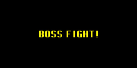 A simple flat yellow 8-bit text on a black background, Boss Fight!
