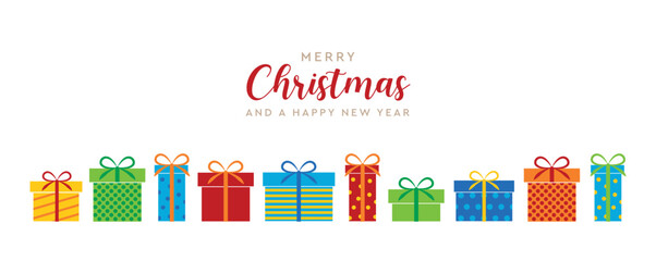 christmas greeting card with colorful gift boxes present