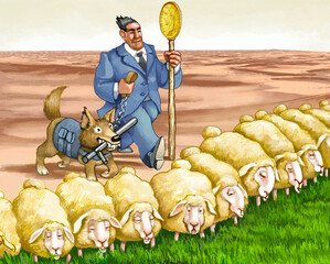 A financier with a coin on his stick and a wolfhound with a truncheon push sheep to eat all the grass leaving the desert behind them, a metaphor for environmental destruction - 552570936