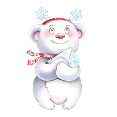 Cute, watercolor bear with a letter. The bear is dreaming.