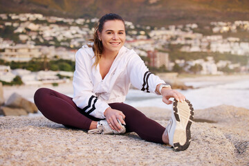 Fototapeta na wymiar Fitness, health and woman stretching legs outdoor for flexibility and mobility. Sports, training and portrait of female athlete from Canada getting ready or warm up for cardio, running or workout.