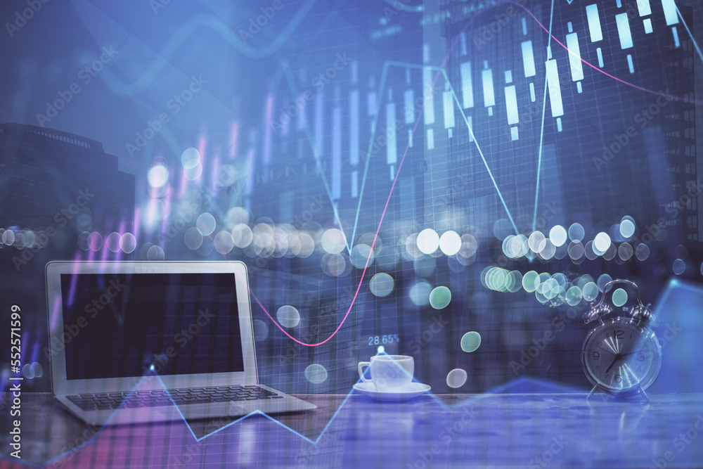 Poster Forex Chart hologram on table with computer background. Multi exposure. Concept of financial markets.