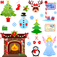 Isolated Christmas vector illustrations of snowman, fireplace, reindeer, Christmas trees , and gifts