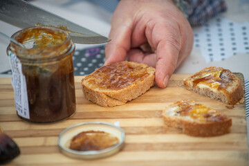 Jars of fig jam on the table.