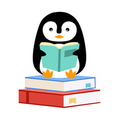 Cute penguin reading book in flat design on white background.