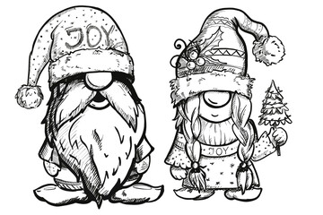 Hand draw black and white illustration gnomes. Merry Christmas and happy New Year