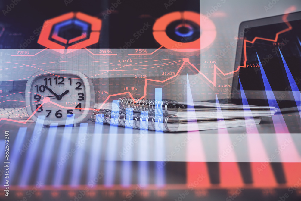 Poster forex chart hologram on table with computer background. multi exposure. concept of financial markets