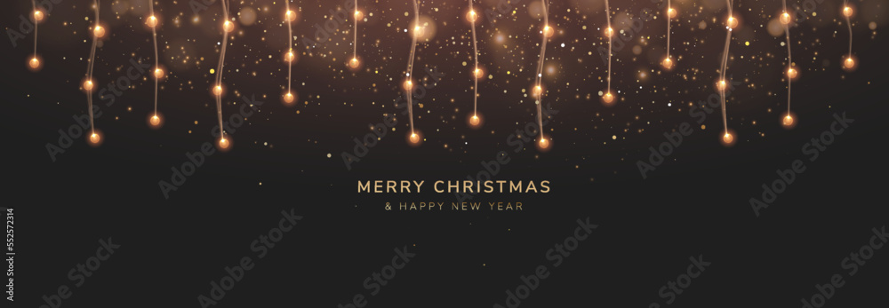 Sticker Christmas Background with Glowing Christmas Lights and Glitter Particles. Vector illustration