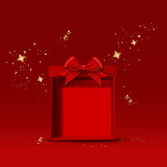 Open red gift box with red bow, stars, ribbon and confetti.