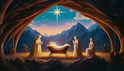 Christmas nativity scene of born child baby Jesus Christ in the manger. - obrazy, fototapety, plakaty
