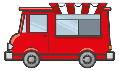 Street food track icon. Red van with striped awning