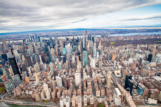 Midtown Manhattan aerial skyline from helicopter in winter season, New York City - USA