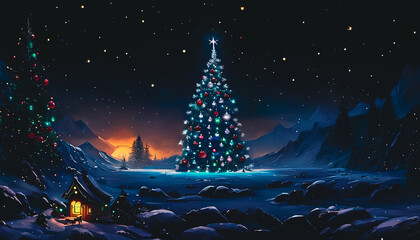 Naklejka premium Christmas tree in the night, Abstract painting.