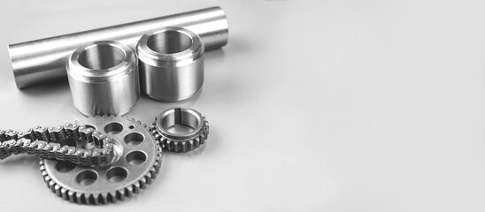 Steel turning and milling parts and gears. Metal production. Banner, copy space