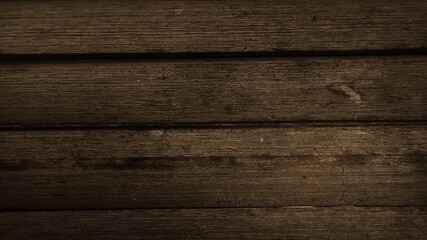 Horizontal wooden plank wall background, modified by graphic design with dim light dark brown beige tone gradient. For game scenes banners advertisements frames vintage photos postcards articles books