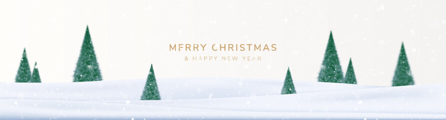 Merry Christmas and Happy New Year Background with Snow, Ice, and Christmas Trees Landscape. Vector illustration