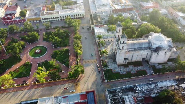 Colonial San Servacio church Mexico Valladolid. Center of the city. Slow stable drone footage. Drone footage 4K.