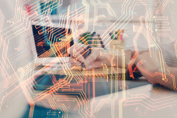 Tech theme hologram over woman's hands taking notes background. Concept of hightech. Double exposure