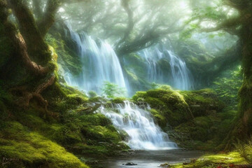 beautiful waterfall in a shady forest