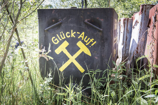 An old mining wagon, called lore, with german Gl&uuml;ck Auf letters 