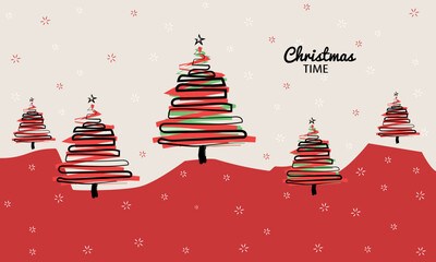 Christmas time background with abstract trees and stars. Red, white and green colors, with snowflakes sparkles.
Xmas horizontal greeting card. 
Cartoon style, trendy and cute design. Merry xmas eve.