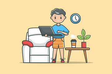 Freelance workplace concept in flat line design. Home office color outline scene. Man holding laptop while standing by armchair and table with coffee cup and plant. Illustration with web icon