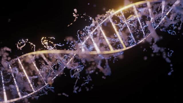 Futuristic abstract glittering double helix DNA biological macromolecule with rotating depth of field. Mysterious source genome science 3D video animation. Conceptual design of genetic information.