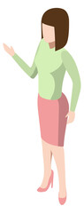 Fototapeta premium Isometric woman talking. Pretty person character gesturing