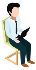 Sitting man reading document. Isometric business man working