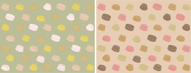 Cake pattern background with uncoated pastel colours. Pudding, bundt cake, flan dessert icons.
