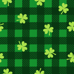 Chequered seamless pattern with clover in trendy colors. Happy St. Patrick's Day. Surface design for textile, fabric, wallpaper, wrapping, gift wrap, paper, scrapbook and packaging. Vector illustratio